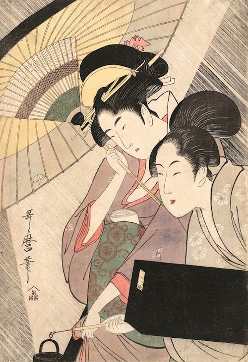 Geisha and Attendant on a Rainy Night